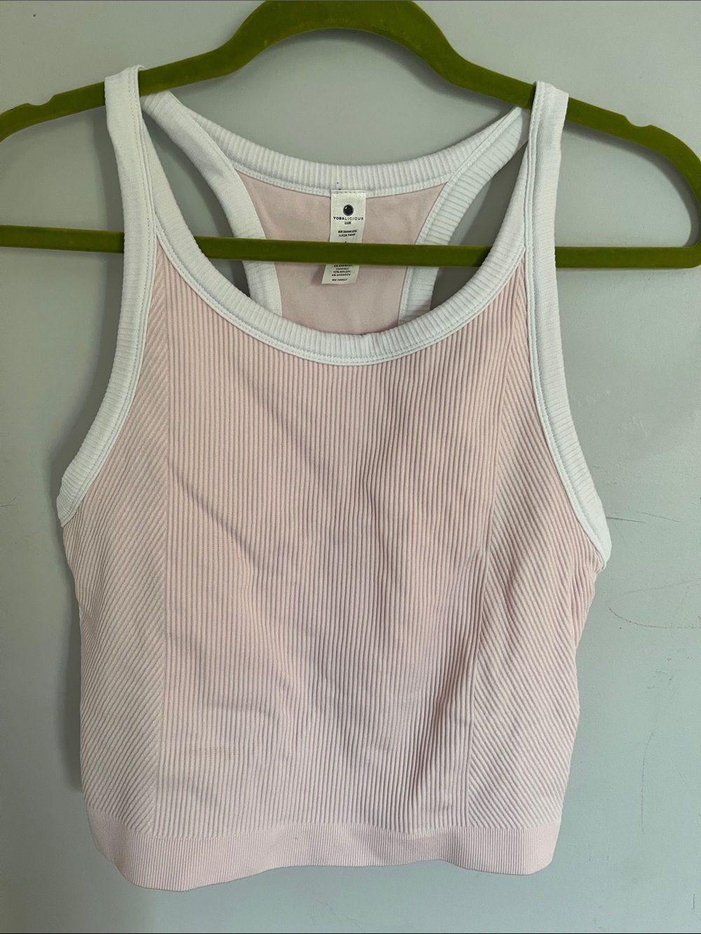 Yogalicious lux Women’s Pink Ribbed Racerback Tank with White Trim